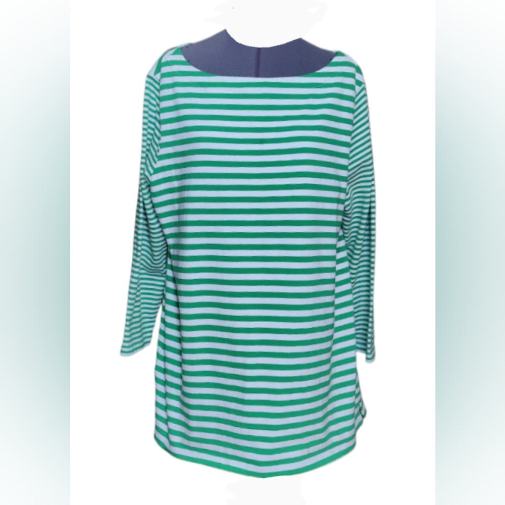 Lands End Green & White Striped Sweatshirt Tunic, 100% Cotton Large 14-16